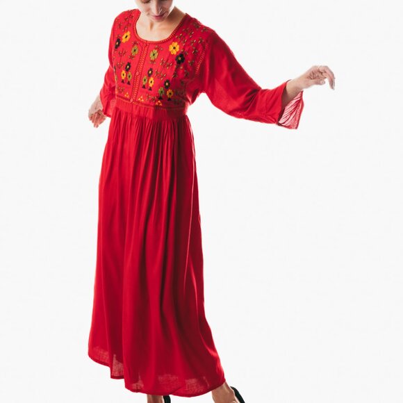 Women's Floral Maxi Dress Summer Beach Sleeve Long Boho Sundress casual red - Picture 1 of 4
